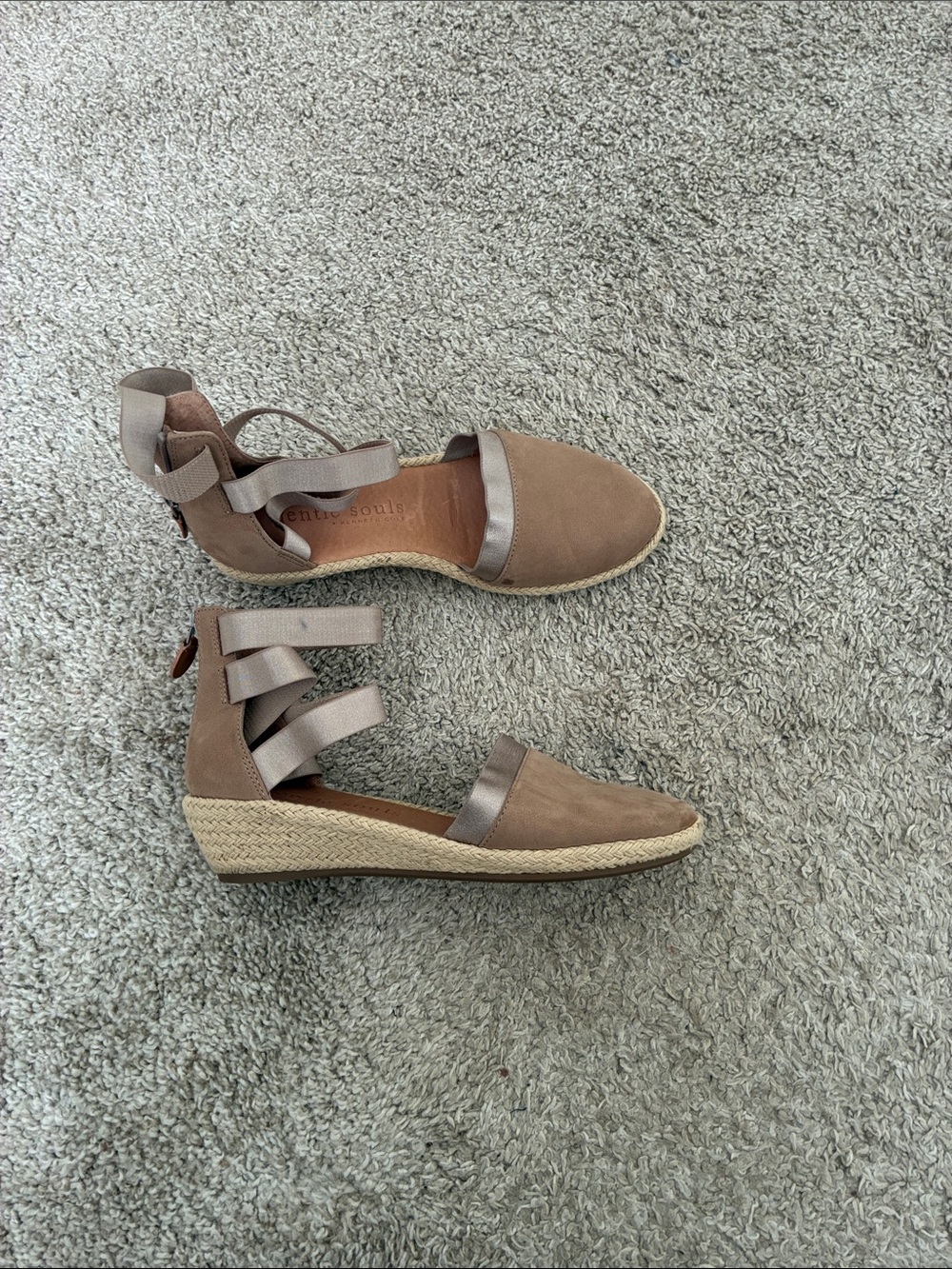 gentle souls Taupe Espadrille Wedge Sandals with Ankle Ties
